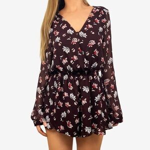 ASTR Floral Long Sleeve Ruffle Hem Romper (Small)